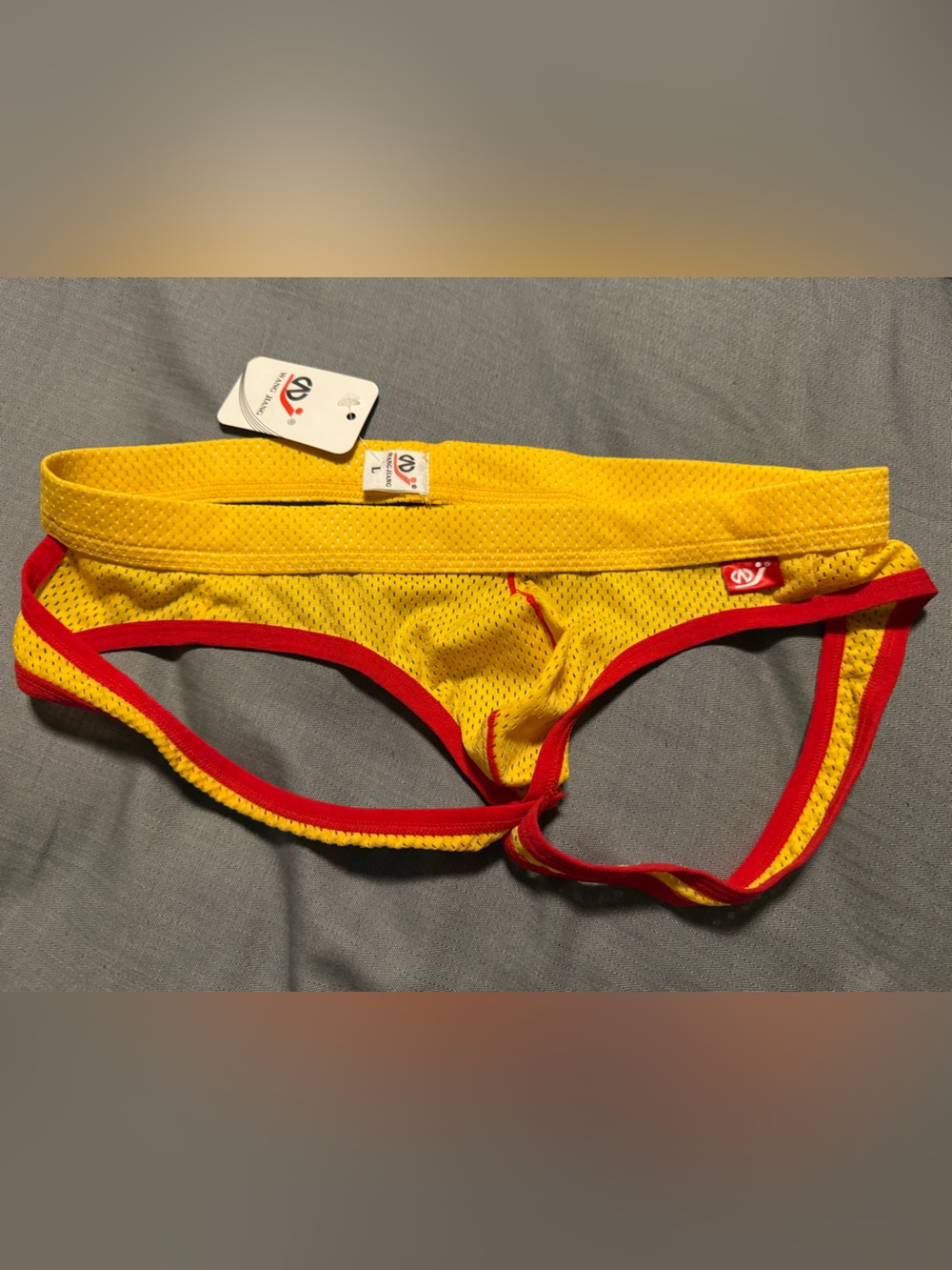 JOCKSTRAP Yellow/Red trim, sexy mesh fabric, runs smaller see pic (tagged L)